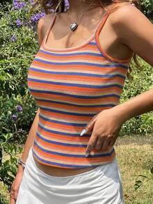 SHEIN EZwear Summer Rainbow Stripe Print Camis Top - Multicolor - View 3