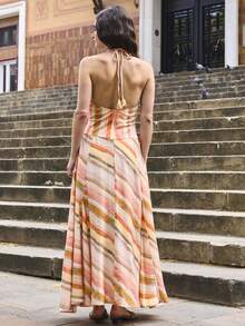 Nöista Halter Dress In Red And White Checkered Stripe,Summer,Boho,Vacation,Holiday,Twist-Front Bodice Open-Back Adjustable Tie,Resort Beach Wedding Dinner - Multicolor - View 2