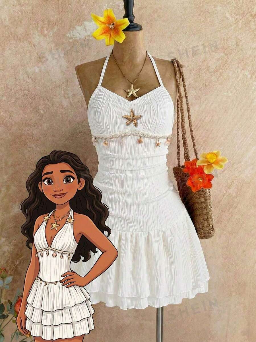 Sparklyn Đầm không tay kiểu dáng thường ngày cho bé gái tuổi teen đi nghỉ mát, trang trí hình sao biển. - trắng - Xem 1