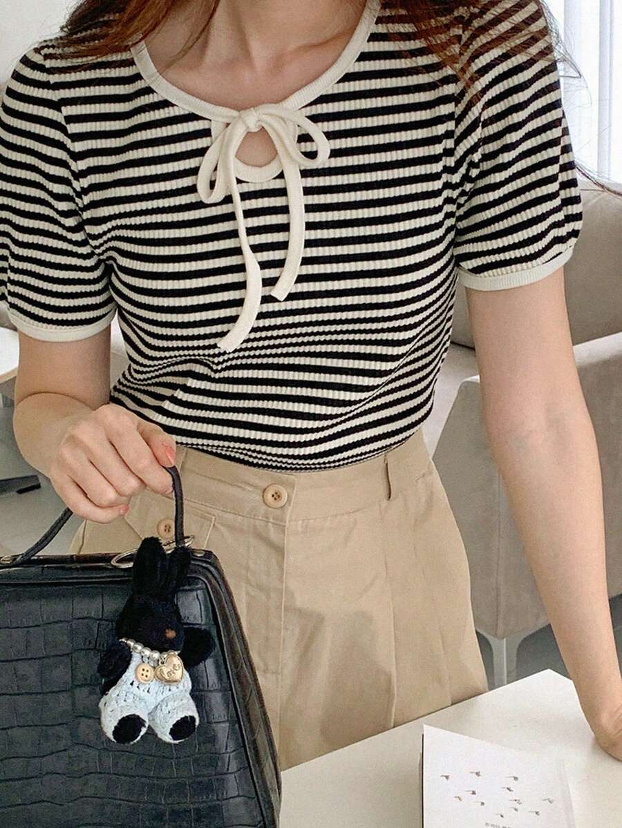 DAZY 女士休闲条纹短袖系带T恤，夏季 - 黑色 - 查看 1
