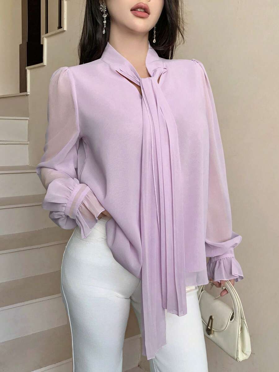 Modelyn 法式优雅缎带装饰长袖衬衫,修身显瘦,秋季粉色 - 玫紅色 - 查看 1