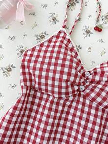 SHEIN 少女黑白复古荷叶边A字衬衫，休闲学院风可爱上衣，格纹上衣，娃娃衫，女士上衣，夏季上衣 - 紅色 - 查看 4