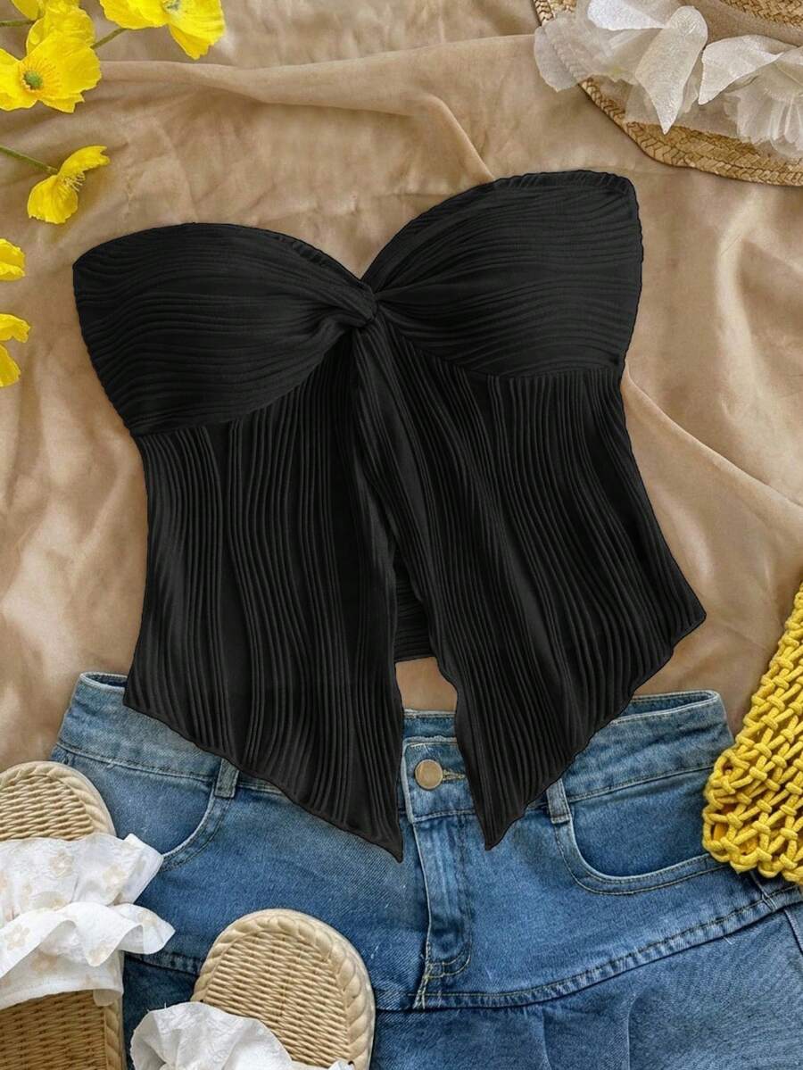 SHEIN Kids Tween Girls' Casual Vacation Minimalist Comfortable Asymmetric Hem Twist Slit Textured Fabric Tube Top Camisole Bowknot Black Strapless - Black - View 1