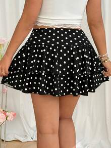 GalTyme 大码女式波点印花荷叶边下摆时尚A字裙 - 黑與白 - 查看 2