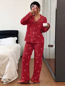 Dream Adore Blue Striped Bow Print Patchwork Contrast Color Lapel Long Sleeve Pajama Set For Women - Red - View 7