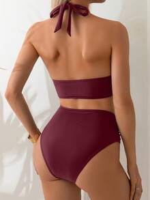 Swim Basics 两件套女士纯色露肩吊带露背上衣和高腰泳裤，配金色配饰，沙滩度假比基尼套装 - 酒紅色 - 查看 2