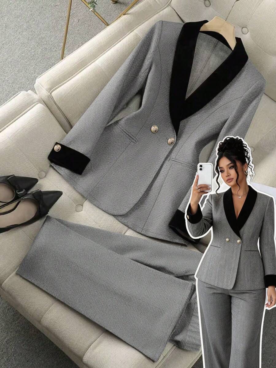 GlowEve CURVE Conjunto de traje elegante de talla grande, que incluye chaqueta blazer y pantalones - Gris - Ver 1