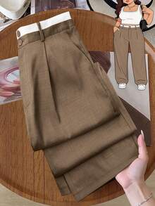 GlowEve CURVE Plus Size Women Contrast Waistband Straight Leg Pants Fall Cloth For Women - Brown - View 1
