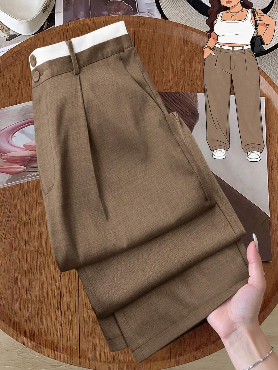 GlowEve CURVE Plus Size Women Contrast Waistband Straight Leg Pants Fall Cloth For Women - Brown - View 1