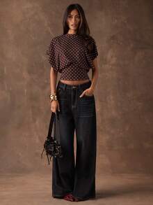 SHEIN BAE Áo thun nữ kiểu dáng thường ngày, tay cánh dơi, thắt eo, họa tiết chấm bi, thích hợp cho mùa hè. - Màu nâu Sô-cô-la - Xem 6