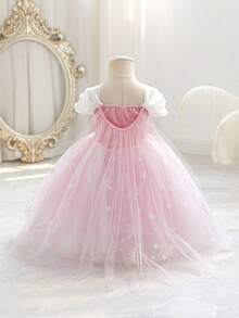 SHEIN Glamorique Kids 女婴碎花荷叶边网纱拼接派对婚礼宴会礼服 - 粉色 - 查看 3