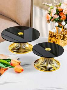 1PC Acrylic European Style Display Tray, Elegant Home Gathering Serving Platter, Party Wedding Birthday Decorative Board, Covered Storage Shelf For Living Room Kitchen Decor - Tall Plate With Gold Base and Black Plate - View 4