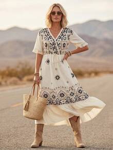 LanaWest Women's Summer Boho Holiday Vacation Black And Cream V-Neck Digital Placement Print Cuff Splice Tassel Floral Layered Ruffle Hem Western Casual Dress - Apricot - View 8