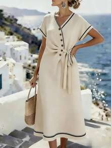 SHEIN Holidaya 优雅短袖纽扣细节中长裹身连衣裙，轻盈V领系腰裹身连衣裙，适合春夏穿着，简约V领裹身连衣裙，适合办公室通勤，时尚裹身连衣裙，适合工作、度假和下午茶，简约优雅，适合毕业典礼、告别派对和其他正式场合。 - 杏色 - 查看 6