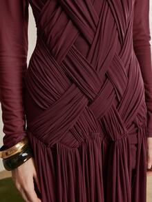 Arave Vestido largo elegante para citas con diseño de parches asimétricos, cuello redondo, manga raglán y tejido elástico de malla para mujer - Burdeos - Ver 8