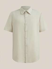 VeloEdit Camisa de hombre de manga corta con botones, unicolor, estilo casual y elegante, tejido, cuello albaricoque, con frente, estilo minimalista & novio de verano - Albaricoque - Ver 3