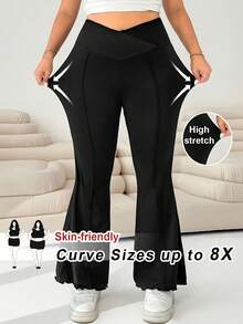 SHEIN CURVE+ Plus Size Women Solid Color High Waist Flare Pants - Black - View 2