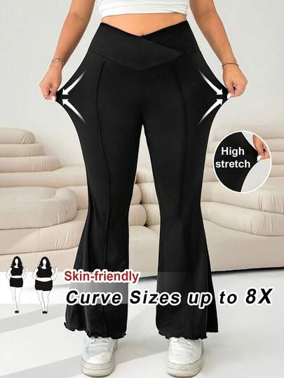 SHEIN CURVE+ Plus Size Women Solid Color High Waist Flare Pants