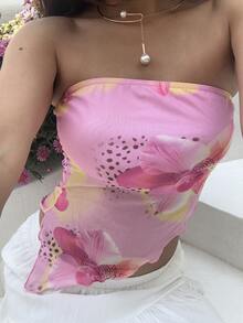 Sunnyshic 女士印花休闲百搭日常穿搭抹胸上衣 - 粉色 - 查看 3