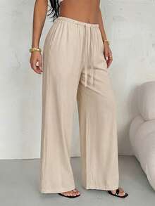 SHEIN PETITE Pantalones casuales de lino de cintura baja y pierna recta para mujer, adecuados para usar de vacaciones, primavera/verano - Albaricoque - Ver 6