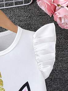 SHEIN 女童圆领3D立体花卉装饰短袖T恤和网纱裙休闲两件套 - 淡紫色 - 查看 6
