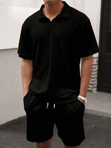 Manfinity Homme Men's Solid Color Short Sleeve Polo Shirt And Shorts Casual Set - Black - View 3