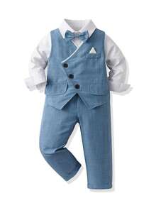 SHEIN Setelan Anak Laki-Laki, Lengan Panjang, Halloween, Natal, Kembali ke Sekolah, Setelan Sejajar - Dusty Blue - View 3