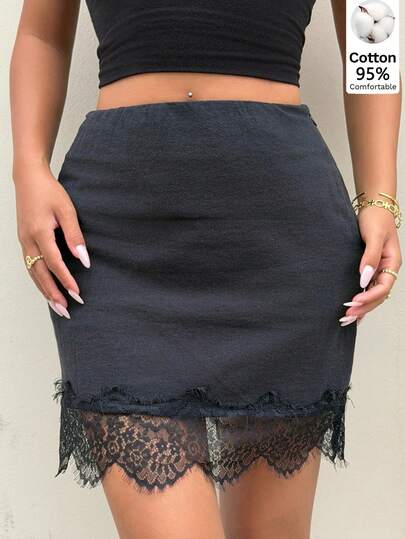 Muchica Falda con adorno de encaje tejido negro para mujer