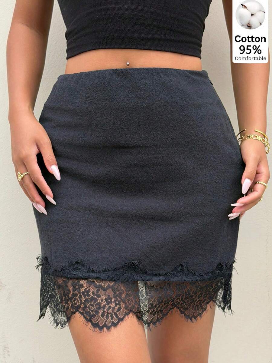 Muchica Falda con adorno de encaje tejido negro para mujer - Negro - Ver 1
