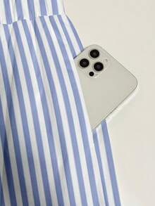 SHEIN Frenchy 女士蓝白条纹印花圆领背心和松紧腰长裤两件套蕾丝边饰套装 – 度假休闲装，撞色滚边，无弹力绉纱面料，休闲裤装套装，优雅 - 彩色 - 查看 5