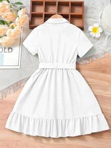 Elladie kids Vestido corto de verano para niñas con cuello de volantes elegante, manga corta y cinturón - Blanco - Ver 2