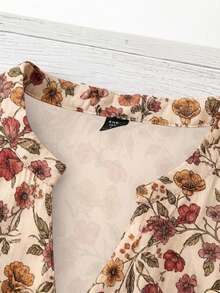 Linhara 大码女式V领印花衬衫，夏季女装 - 杏色 - 查看 5