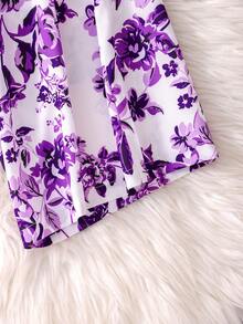 Sparklyn Girls' Allover Print Jumpsuit With Square Collar And Puff Sleeves, Summer Vacation Style - Purple - View 6