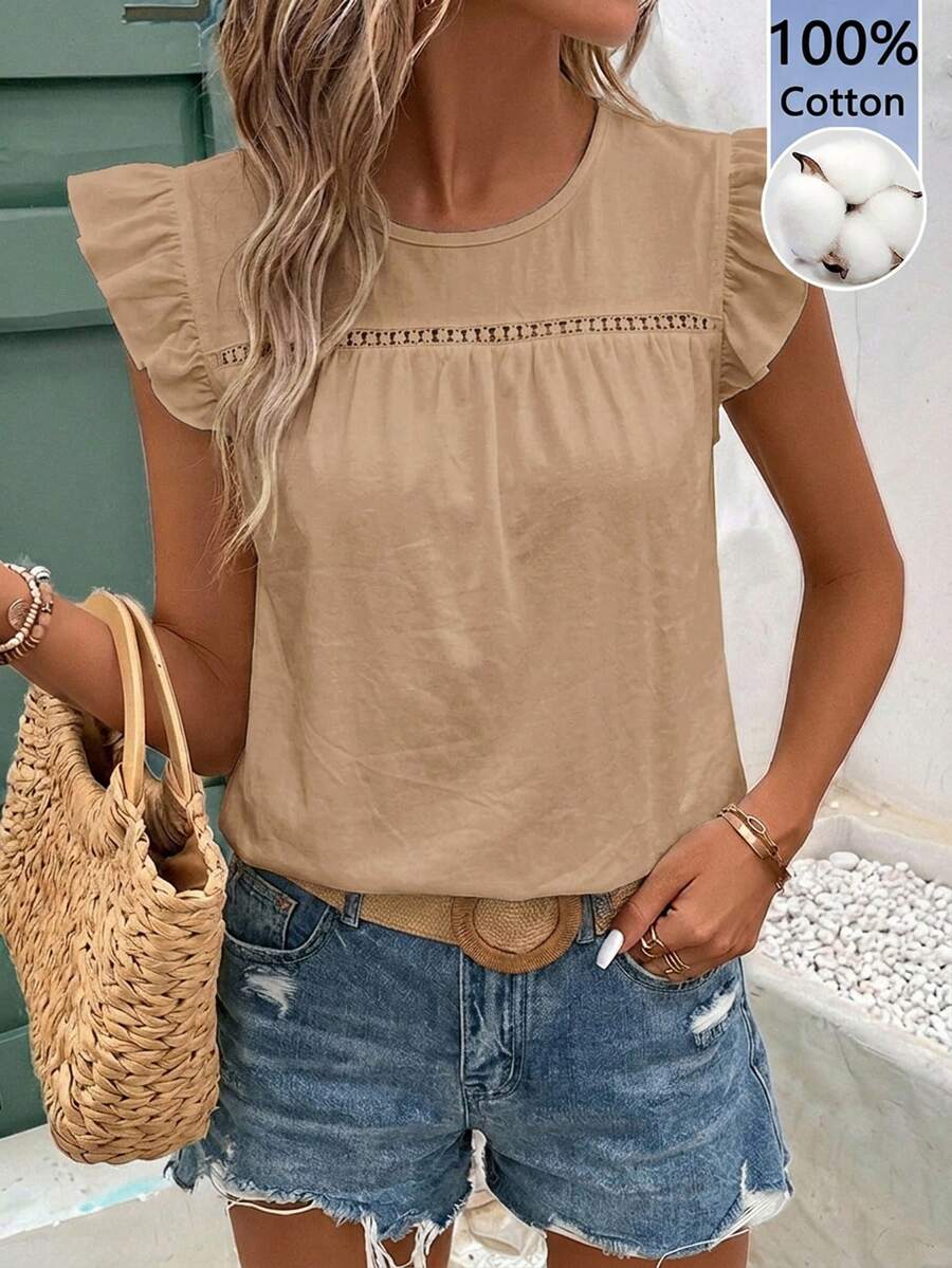 SHEIN Frenchy 卡其色 100% 純棉短袖 T-shirt,適合夏季,夏季上衣 - 卡其色 - 查看 1