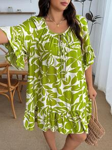 Enliva Damen Große Größen Sommer Casual Strand Urlaub Blume Muster Raglanärmel Krawattenkragen Rüschensaum Locker Kleid, für Apfel- und Rundkörperform - Grün - Übersicht 9