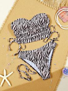 Swim SXY Bộ bikini đi biển thường ngày 2 mảnh họa tiết da báo, dây đeo rời, xếp ly phía trước, eo có dây rút, dành cho nữ. - Nhiều màu - Xem 4