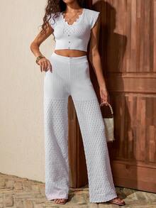 White Knitted Two Pieces Set With Structured Shoulders Co-Ords - Apricot - View 1