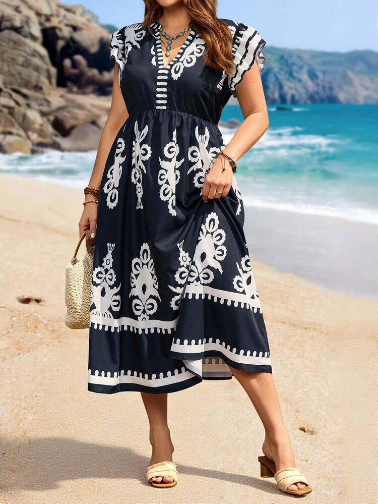 Vestido midi de manga corta con doble capa y estampado floral retro para vacaciones de mujer talla grande