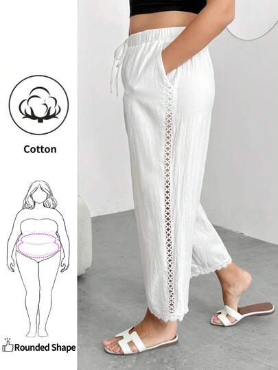 Enliva Quần lửng cotton cỡ lớn dành cho nữ, có viền ren và chi tiết túi, eo co giãn, thích hợp cho kỳ nghỉ ở quê và mặc hàng ngày.