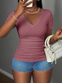 Slaydiva Casual Solid Light Pink V-Neck T-Shirt, Suitable For Spring & Summer, Plus Size - Dusty Pink - View 4