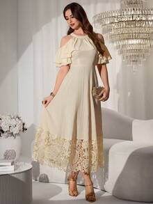 Modelyn Sweet & Youthful Yellow Elegant Ruffle Off-Shoulder Embroidered Patchwork Mid-Length Dress For Women - Apricot - View 8