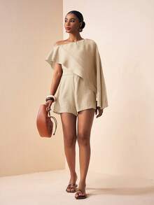 Zivah 2026春夏新款音乐节、复活节、圣帕特里克节、情人节、约会、西部风、游牧风、生日派对、毕业典礼、大学、学生、日常休闲、百搭基础款、休闲、邮轮旅行、海滩、日光浴、热门款、街头风、婚礼宾客波西米亚风、通勤、早午餐、机场、派对、假日郊游、办公装、不对称肩部飘逸连体短裤杏色连体裤 - 杏色 - 查看 7