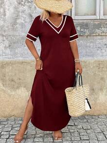 Breezaya Plus Size Women Striped V-Neck Short Sleeve Casual Dress - Burgundy - View 1