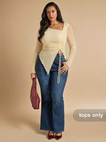 SHEIN BAE Áo thun dài tay dáng bất đối xứng màu trơn dành cho nữ cỡ lớn - Màu be - Xem 4