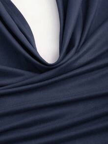 Sweetra Plunging Neck Backless Halter Top And Side Slit Skirt Set - Navy Blue - View 5