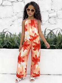 Sparklyn 少女热带花卉印花露背上衣和宽松阔腿裤套装，夏季海滩度假 - 彩色 - 查看 5