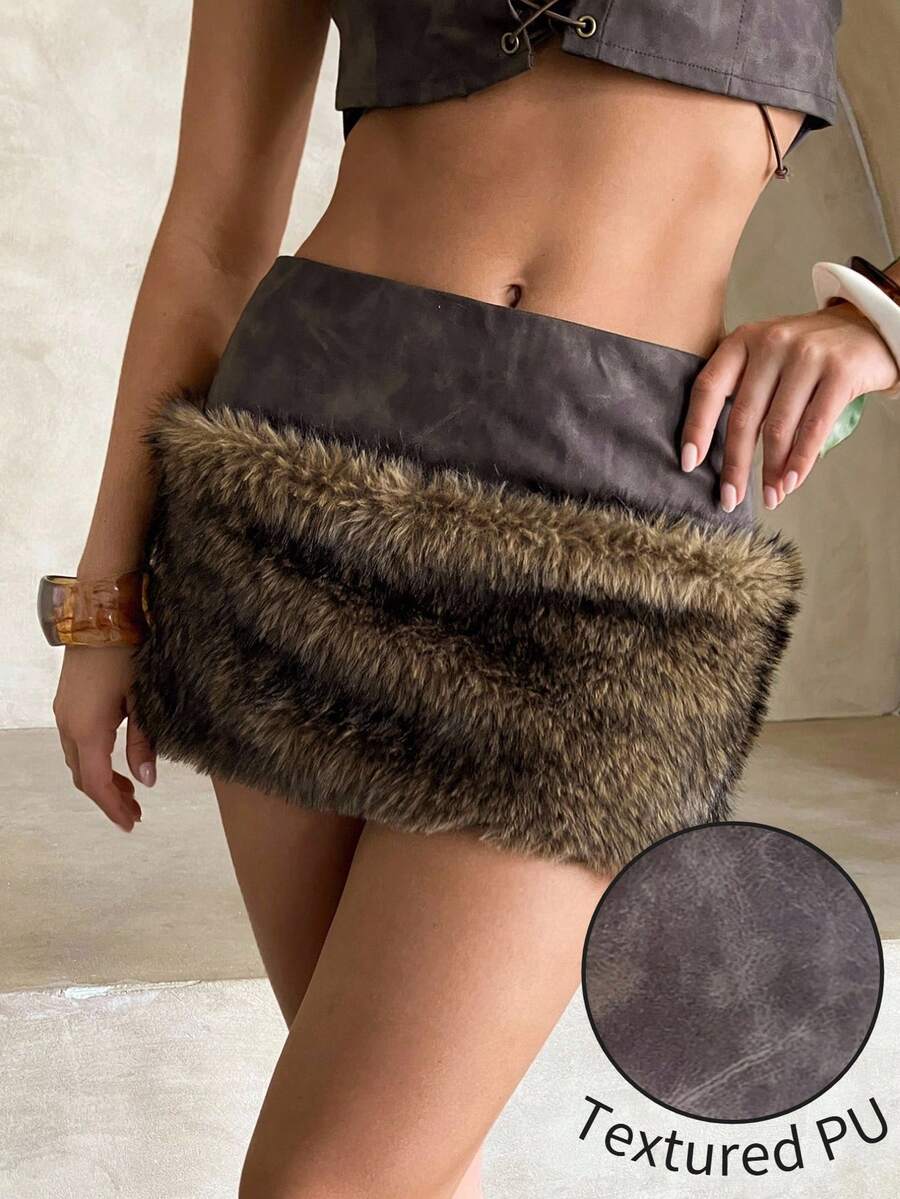Aloruh 女式新款超低腰迷你裙，性感复古音乐节，Y2K 风格，水洗 PU 皮革和人造毛皮饰边迷你裙，Y2k 服装 - 棕色 - 查看 1