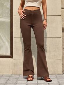 Selenza 女士褶裥修身百搭口袋喇叭裤，时尚百搭 - 咖啡棕 - 查看 7