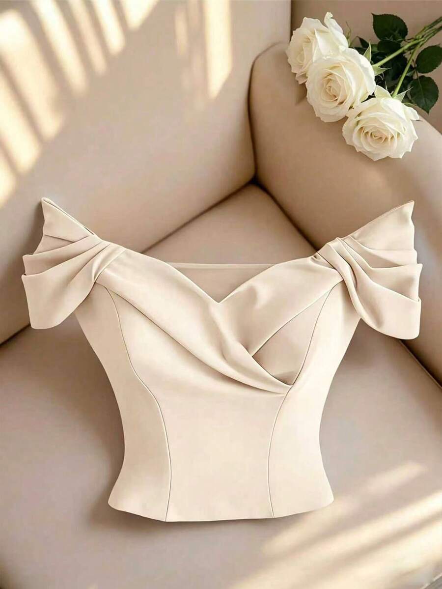Endroma Áo croptop nữ kiểu Pháp thanh lịch màu xanh dương với thiết kế xếp ly, thắt eo, tôn dáng, thời trang, cao cấp, tinh tế, thích hợp cho mùa hè. - Màu be - Xem 1