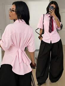 Coolane 女士春夏街头风返校复古学院风商务休闲办公装基本款时尚吊带褶皱白色宽松修身衬衫 - 淺粉色 - 查看 1